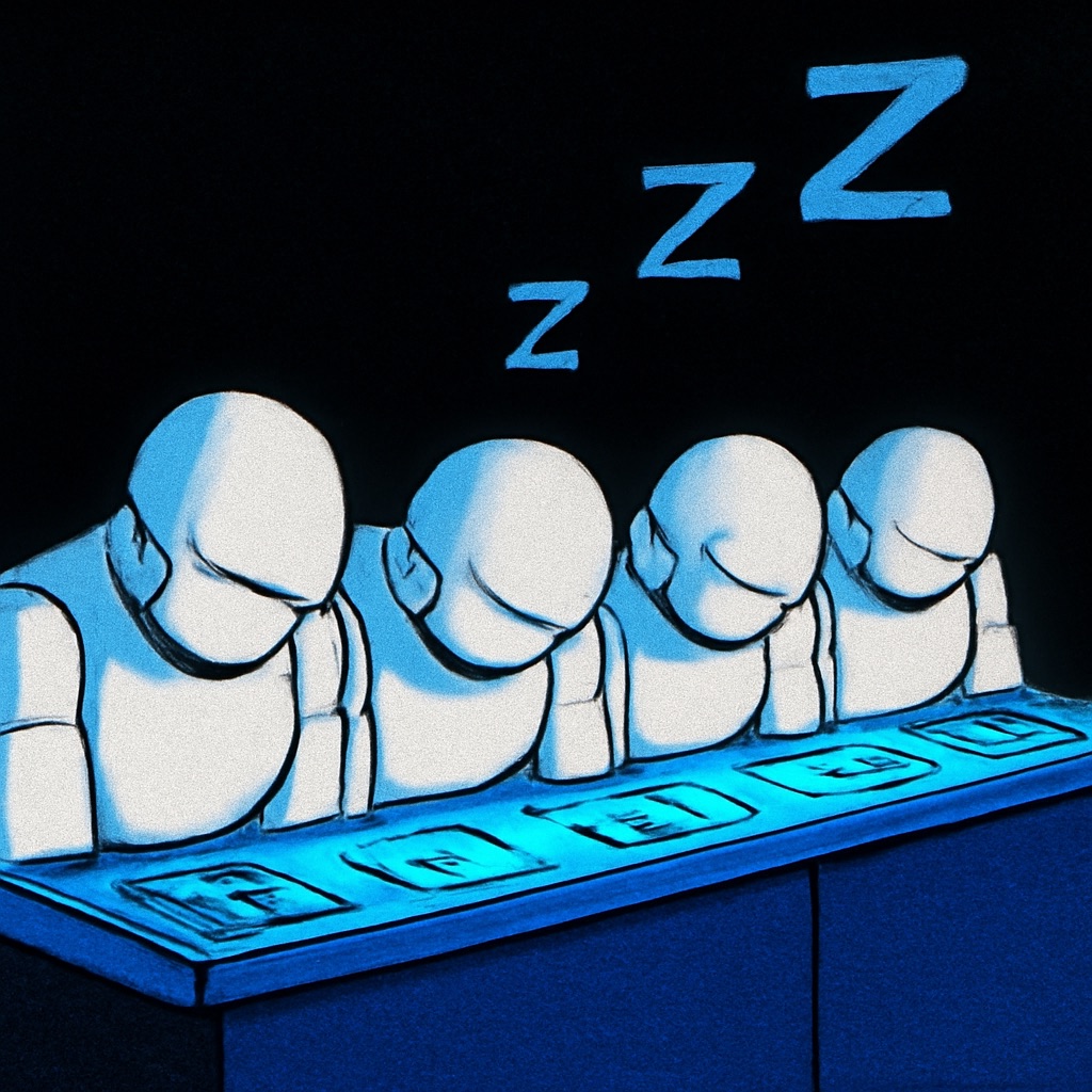 Four identical white robots slumped face-down on a glowing blue console in a pitch-black room, three crooked hand-drawn Z letters rising above them